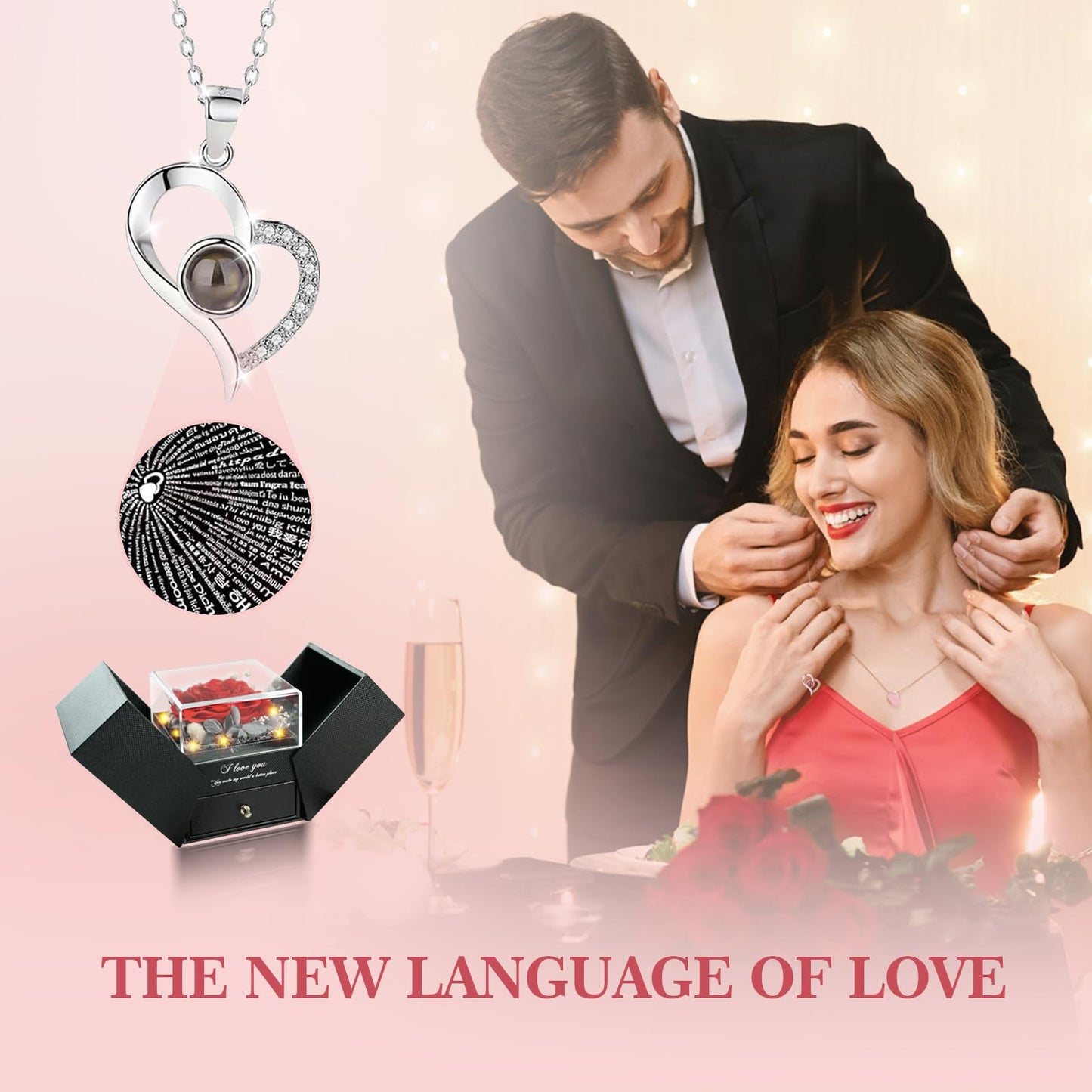 cdco Preserved Real Roses with Heart Necklace I Love You in 100 Languages, Romantic Anniversary Christmas Gifts for Wife Girlfriend, Forever Roses Necklace Gifts