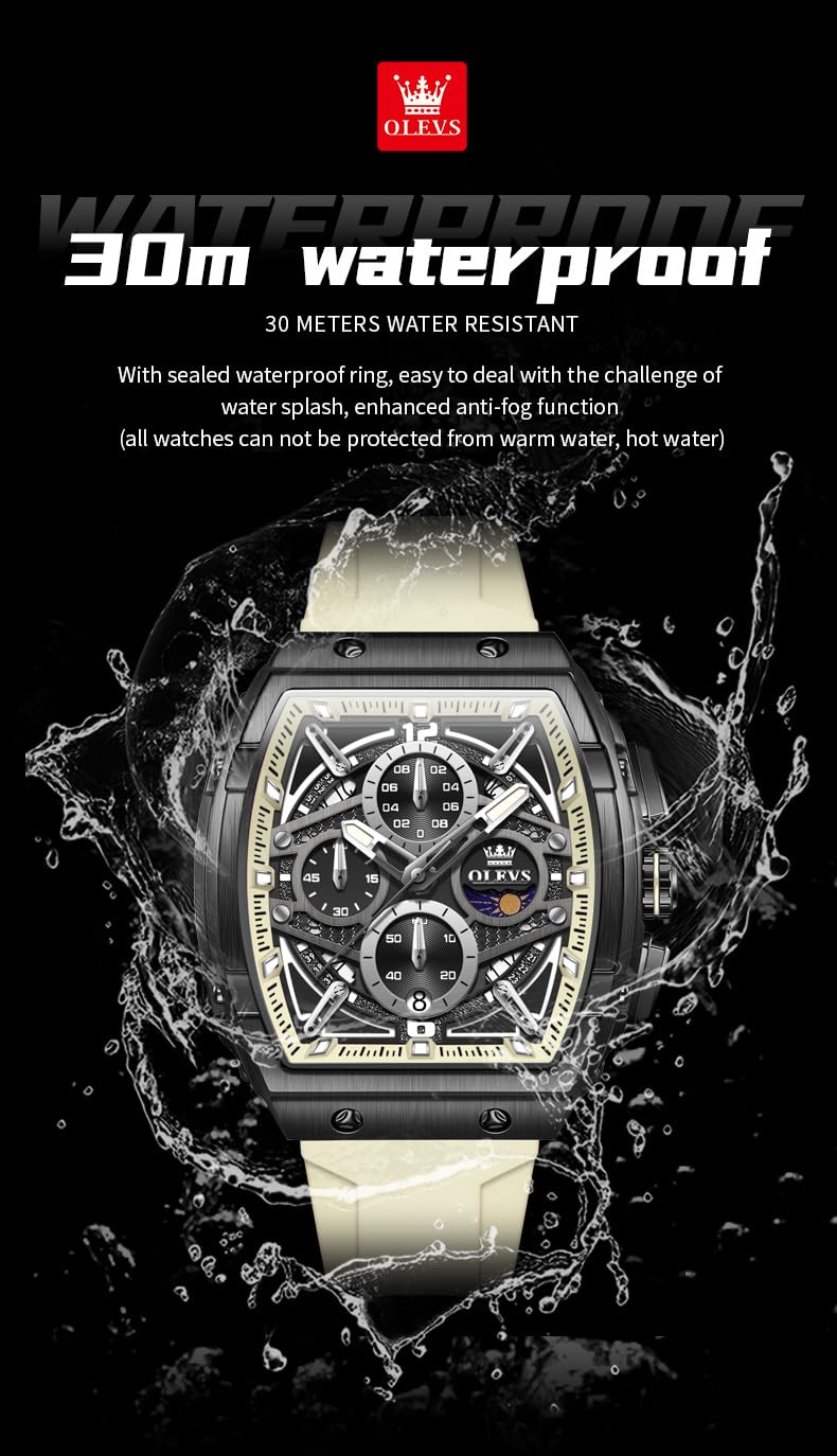 OLEVS Men Wrsit Watches White Luxury Square Watch Chronograph Analog Quartz Moon Phase Watch for Man Relojes De Hombre