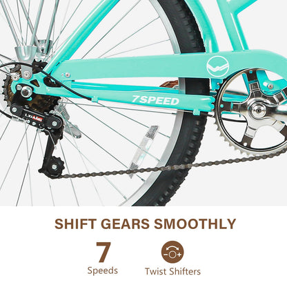 WEIZE Beach Cruiser Bike, 26 inch Commuter Bicycle for Adult Men and Women, 7-Speed/High-Carbon Steel/Front & Rear Fenders, Comfortable City Bikes with Rear Rack&Basket, Teal