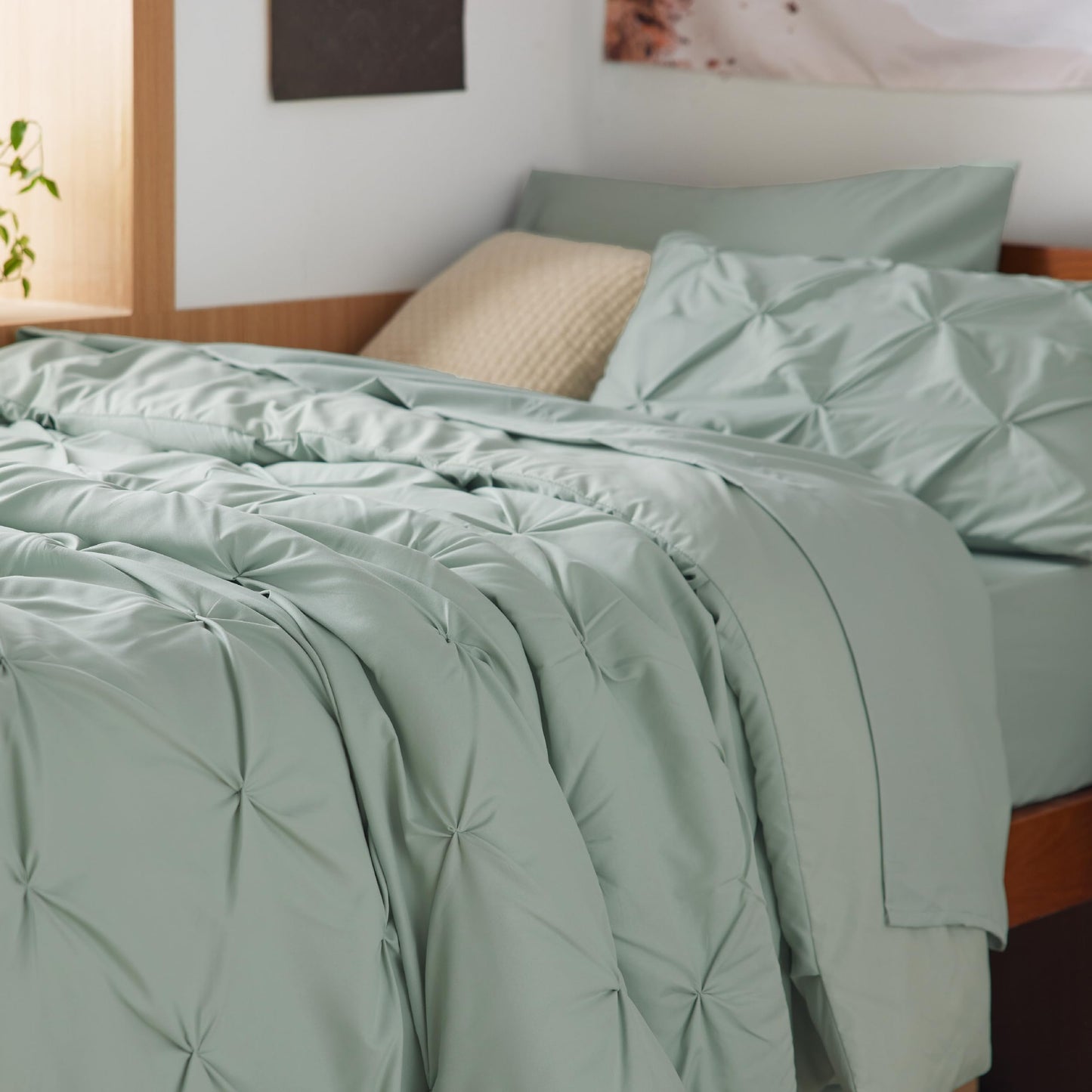 Bedsure Twin XL Comforter Set - Extra Long 5 Pieces Dorm Bedding Sets, GentleSoft™ Pinch Pleat Sage Green Bed in a Bag with Pintuck Comforter, Sheets, Pillowcase & Sham