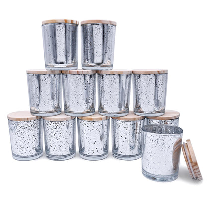 SHOWIN Thick Candle Jars for Making Candles 12 Pcs, 7 OZ Empty Jars with Wood Lids for Candle Making, Sample Container, Silver