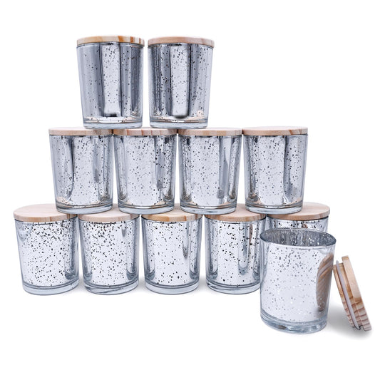 SHOWIN Thick Candle Jars for Making Candles 12 Pcs, 7 OZ Empty Jars with Wood Lids for Candle Making, Sample Container, Silver