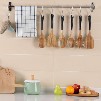 ROSOS Wooden Spoons For Cooking, 6 PCS Natural Acacia Wooden Cooking Utensils or Non-Stick Wooden Kitchen Utensil Set for Kitchen Essentials, Smooth Grip Wooden Spoons with Hanging Hole, Black