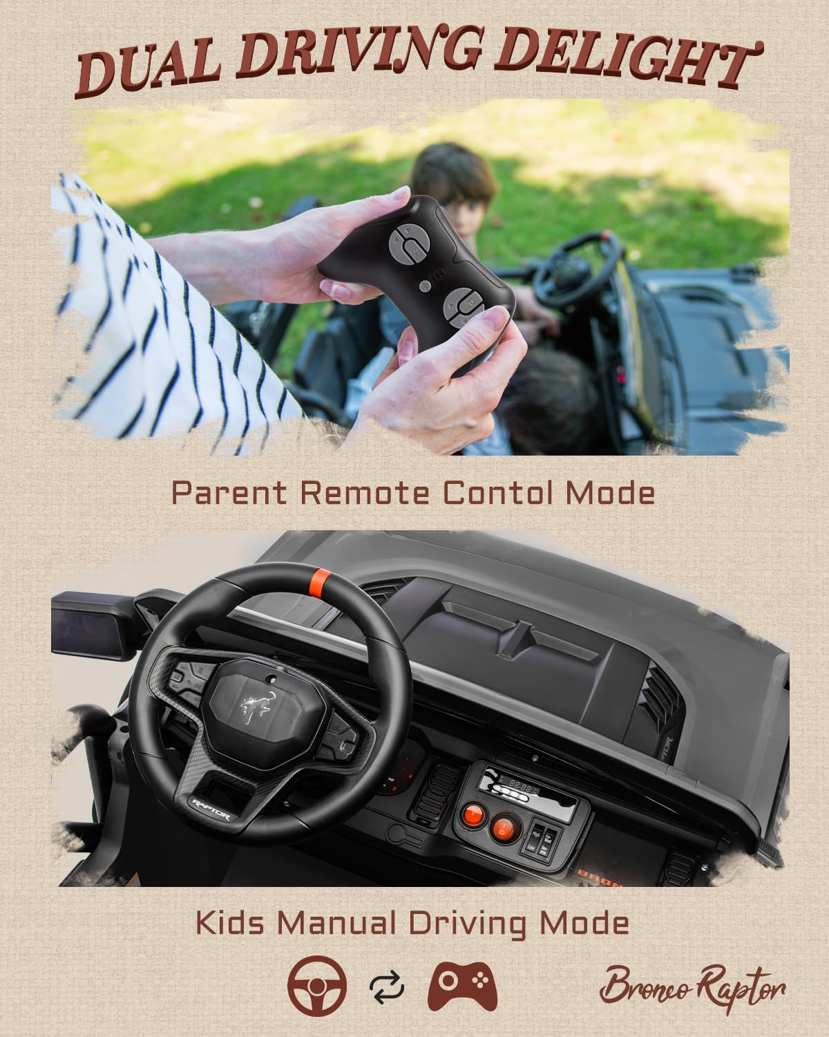 First Ride On 24V Ride on Toys for Big Kids, Licensed Ford Bronco Raptor Electric Car 2 Seater with Remote Control, Kids Ride on Cars w/ 2-Seater, 4.3 Mph Max Speed, Soft Start Function (24V, Black)