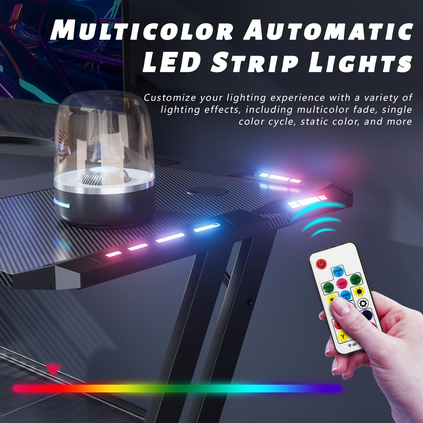 HLDIRECT 63 Inch Gaming Desk with LED Lights Carbon Fibre Surface Gaming Table Large Computer Desk Ergonomic Home Office Desks Z Shaped PC Gamer Workstations with Cup Holder & Headphone Hook Black