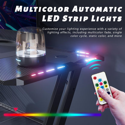 HLDIRECT 63 Inch Gaming Desk with LED Lights Carbon Fibre Surface Gaming Table Large Computer Desk Ergonomic Home Office Desks Z Shaped PC Gamer Workstations with Cup Holder & Headphone Hook Black