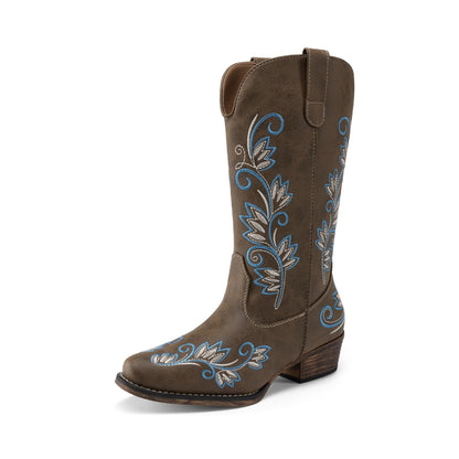 DREAM PAIRS Women's Cowboy Cowgirl Western Mid Calf Boots Square Toe Embroidered Stitched Pull On Country Boots with Low Chunky Heel,Size 9,Dark Brown,SDMB26002W