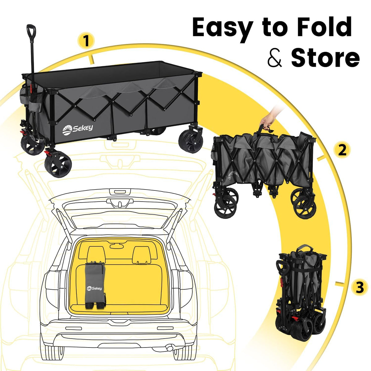 Sekey 48''L Collapsible Foldable Extended Wagon with 440lbs Weight Capacity, Heavy Duty 300L Folding Utility Garden Cart with Big All-Terrain Beach Wheels & Drink Holders. Grey