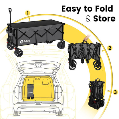 Sekey 48''L Collapsible Foldable Extended Wagon with 440lbs Weight Capacity, Heavy Duty 300L Folding Utility Garden Cart with Big All-Terrain Beach Wheels & Drink Holders. Grey