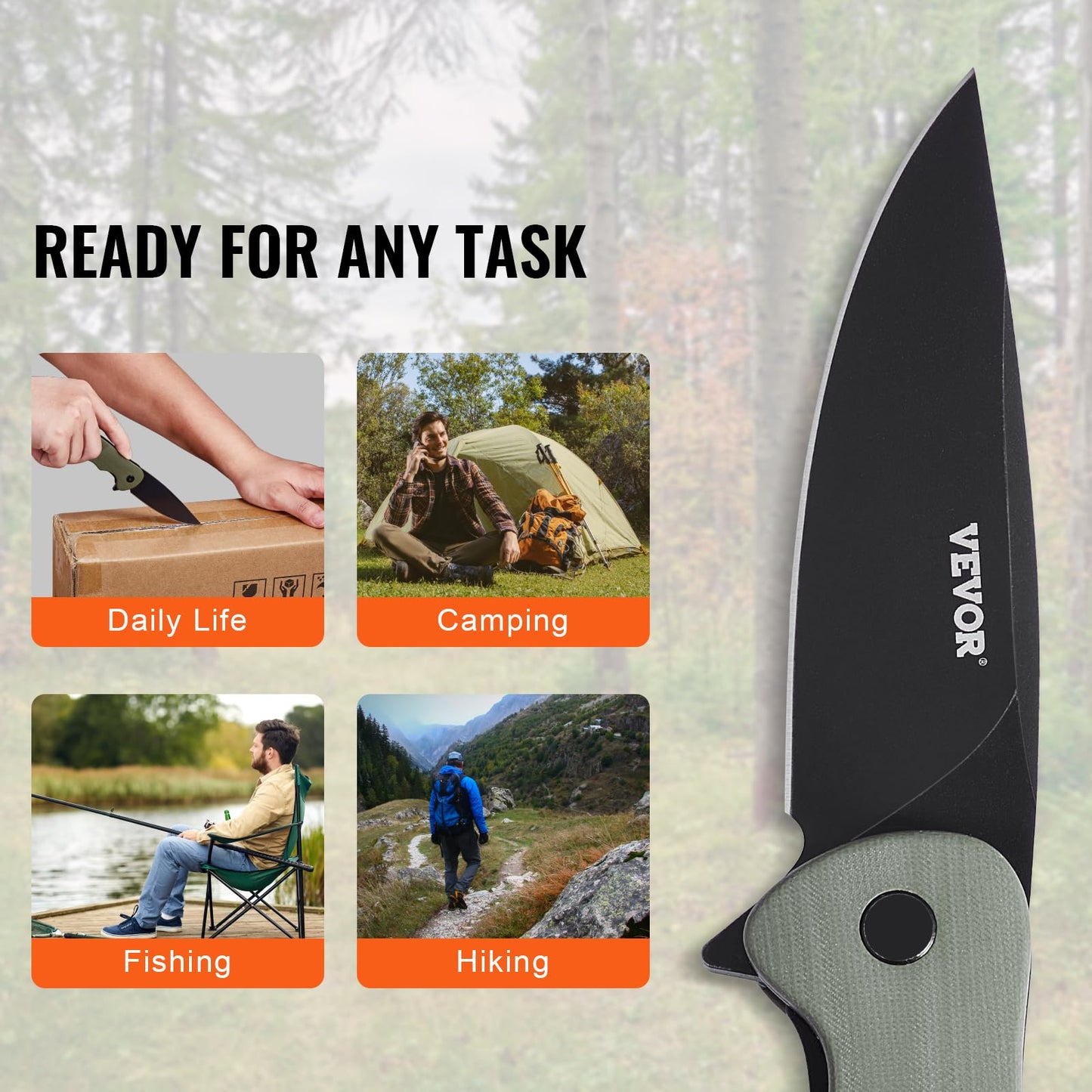 VEVOR Folding Pocket Knife, 3.5 in D2 Steel Blade, G10 Handle Small EDC Knife with Pocket Clip, Sharp Camping Survival Hiking Knife, 3.84 oz/0.1 kg Easy to Carry for Men Women Self Defense