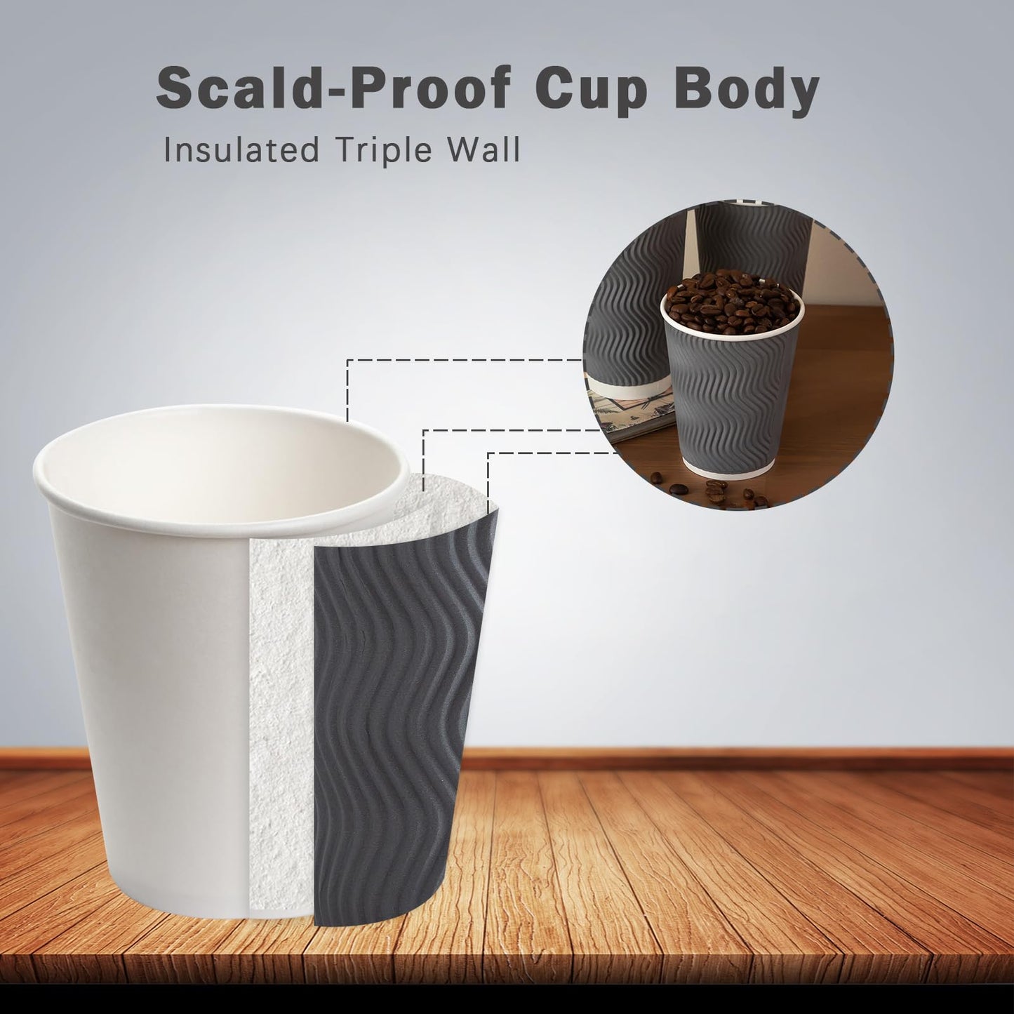 Clawsoff Coffee Cups 12 oz 120 Pack, Corrugated Insulated Ripple Wall Disposable Paper Coffee Cups 12oz, To Go for Hot Beverage or Cold Drinks Office/Home/Cafe/Party/Travel (Gray)