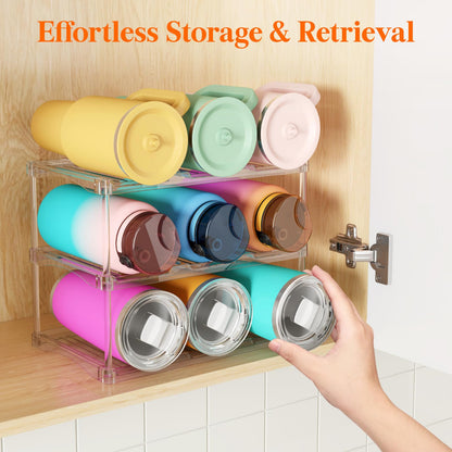 Lifewit Stackable Water Bottle Storage Organizer, Clear Freestanding Wine Bottle Holder for Cabinet, Tumbler Cup Organizer, Plastic Large Compartment Wine Rack for Fridge Cellar, 3Tier Hold 9