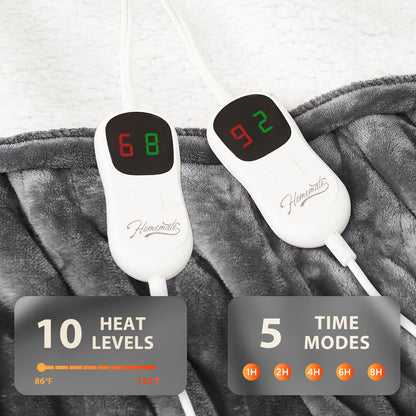 Homemate Heated Electric Blanket Queen Size - 84"x90" Heating Bed Blanket Throw with 10 Heating Levels 8 Hours Auto Off Fast Heating Over-Heat Protection Ultra Soft Flannel ETL Certified, Grey