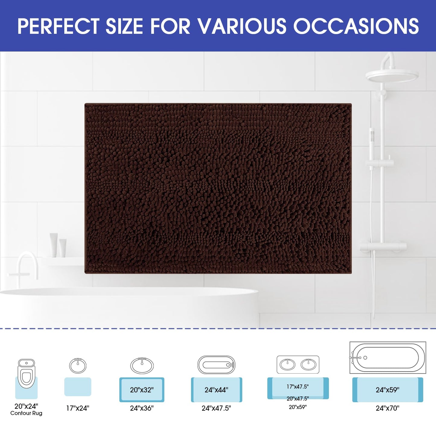 ACCUMTEK Striped Brown Bathroom Rug Mat 32"x20" Ultra Soft, Non Slip Chenille Bath Rugs, Absorbent Plush Shaggy Bath Mats for Bathroom, Bedroom, Kitchen, Shower, Tub