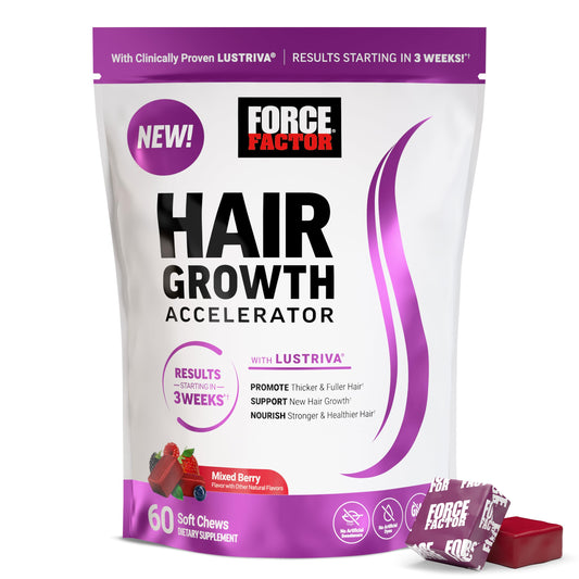 Force Factor Hair Growth Accelerator Soft Chews, Hair Growth Vitamins for Women and Men with Clinically Proven Lustriva and Biotin to Promote Thicker, Fuller, Stronger Hair, Mixed Berry, 60 Soft Chews
