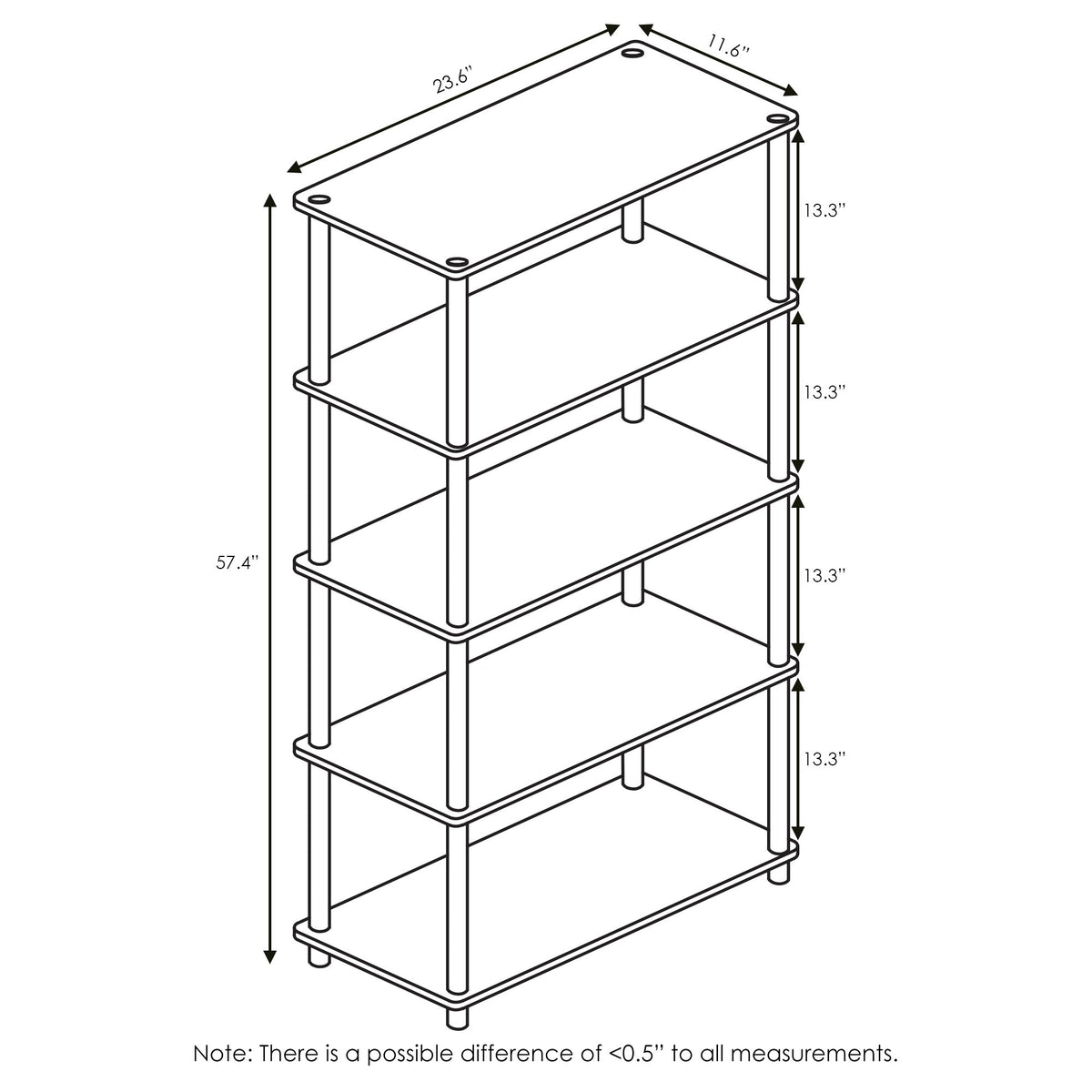 Furinno TURN-N-TUBE Storage Shelves, 5-Tier Book Shelf, Corner Shelf, Toolless Open Shelves, for Organization and Storage, Living Room, Garage, Home Office, French Oak