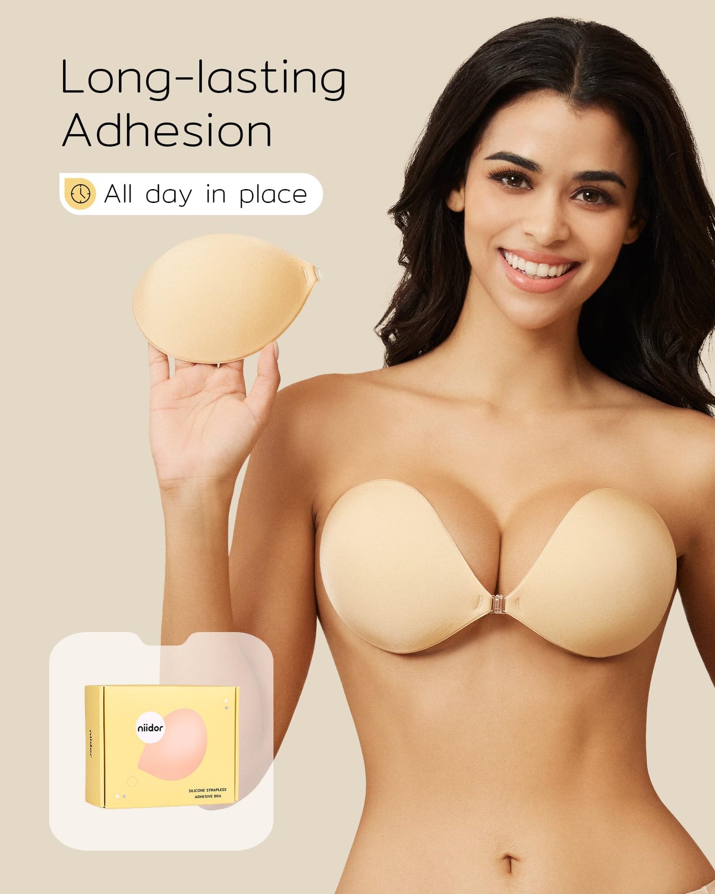 Niidor Adhesive Bra Strapless Sticky Invisible Push up Silicone Bra for Backless Dress with Nipple Covers Nude(A Cup)