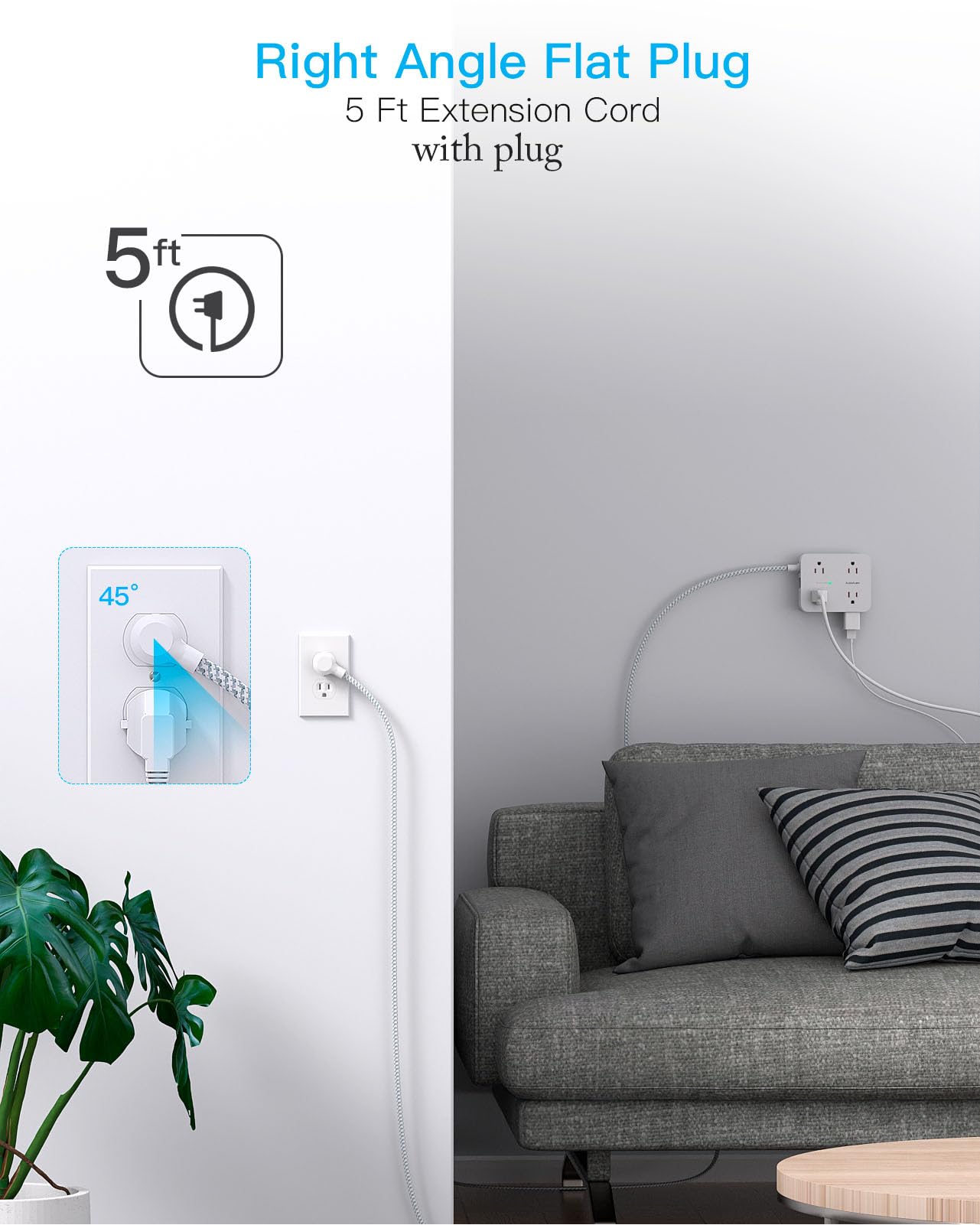 Surge Protector Power Strip - HANYCONY 8 Outlets 4 USB (2 USB C) Charging Ports, Multi Plug Outlet Extender, 5Ft Braided Extension Cord, Flat Plug Wall Mount Desk Charging Station for Home Office ETL