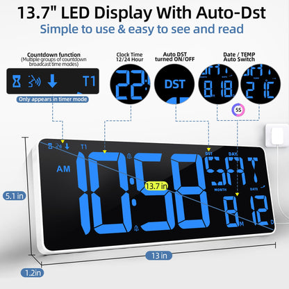 TXL 13 Inch Large Digital Wall Clock with Remote Control,LED Desk Clock Digital with DST/Calendar/Temperature/Timer Function, Auto Dimmer Digital Clock Large Display for Classroom/Office(Blue)
