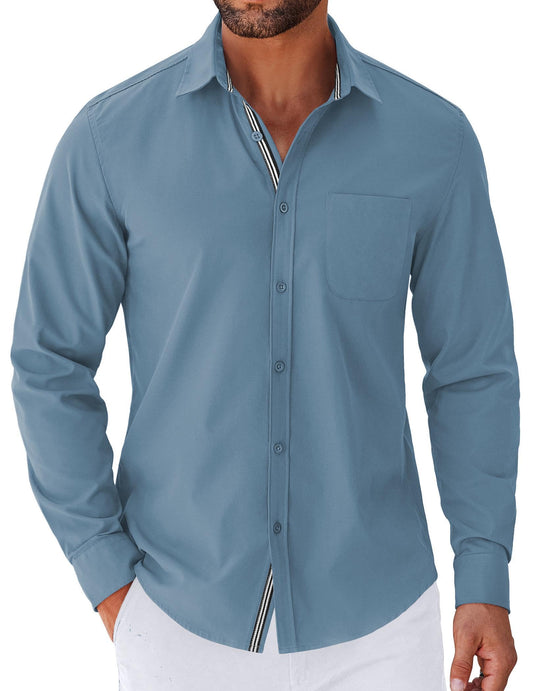 COOFANDY Mens Casual Button Down Shirt Long Sleeve Untucked Dress Shirt with Pocket Grey Blue