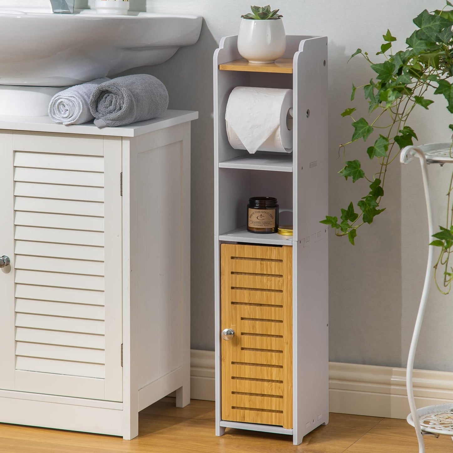 AOJEZOR Toilet Paper Holder Stand: Small Bathroom Storage Cabinet - Pure White/Bamboo