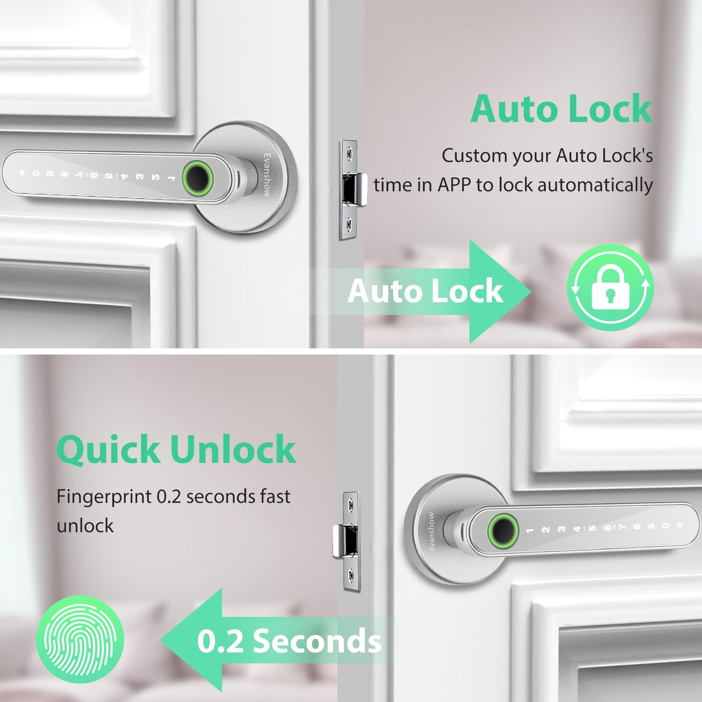 Evanshow Fingerprint Door Lock Biometric Door Knob with Keypad Keyless Entry, Door Locks for Bedrooms, Home Hotel Office Apartment Silver