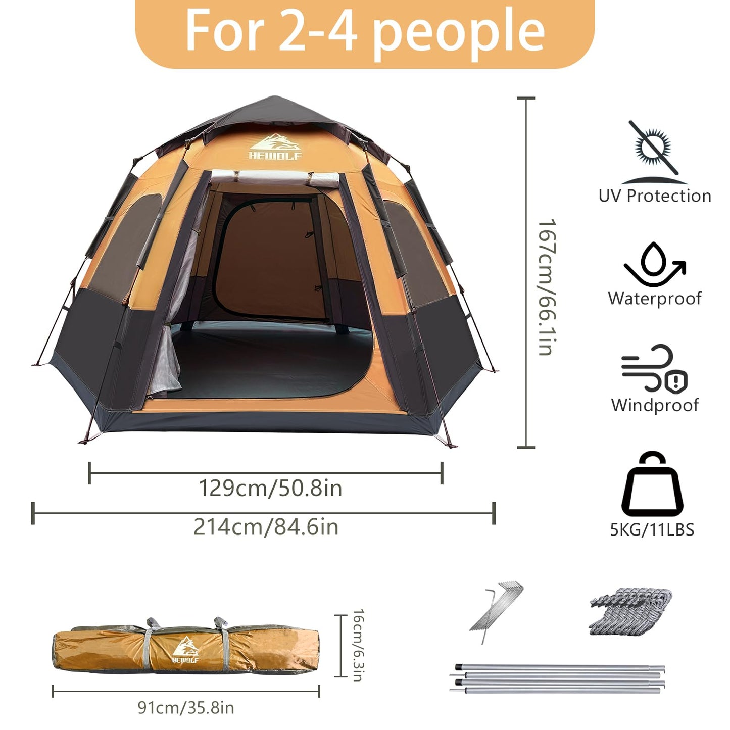 Hewolf 2/3/4 Person Camping Tent - Instant Pop Up Waterproof 2 Doors Tent with Easy Setup | 3-Season Hexagonal Dome Design for Family, Hiking & Traveling (Yellow)