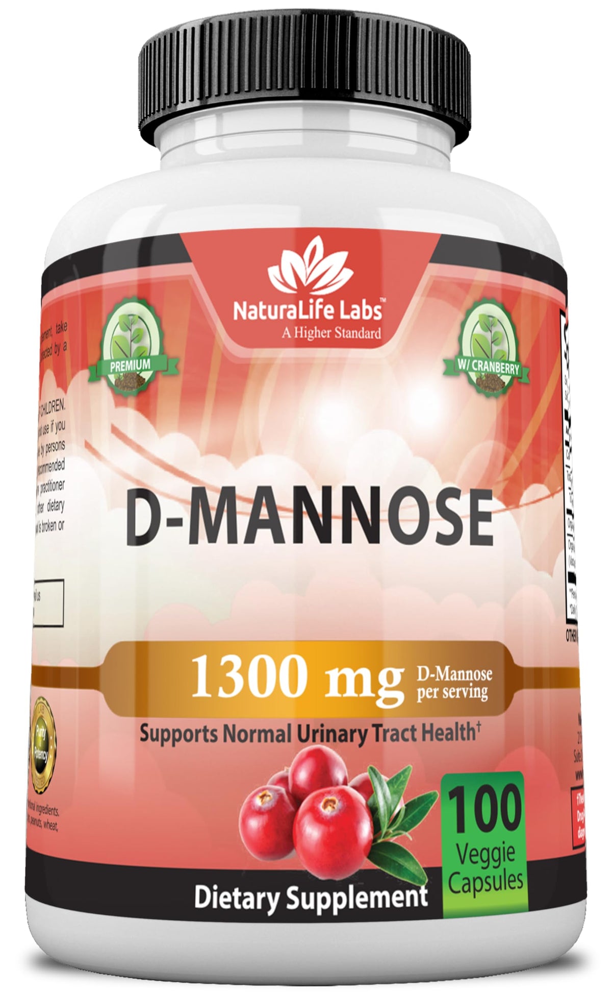 NaturaLife Labs A Higher Standard Organic D-Mannose 1,300 mg with Cranberry Extract Fast-Acting, Flush Impurities, Urinary Tract Health- 100 Veggie Capsules