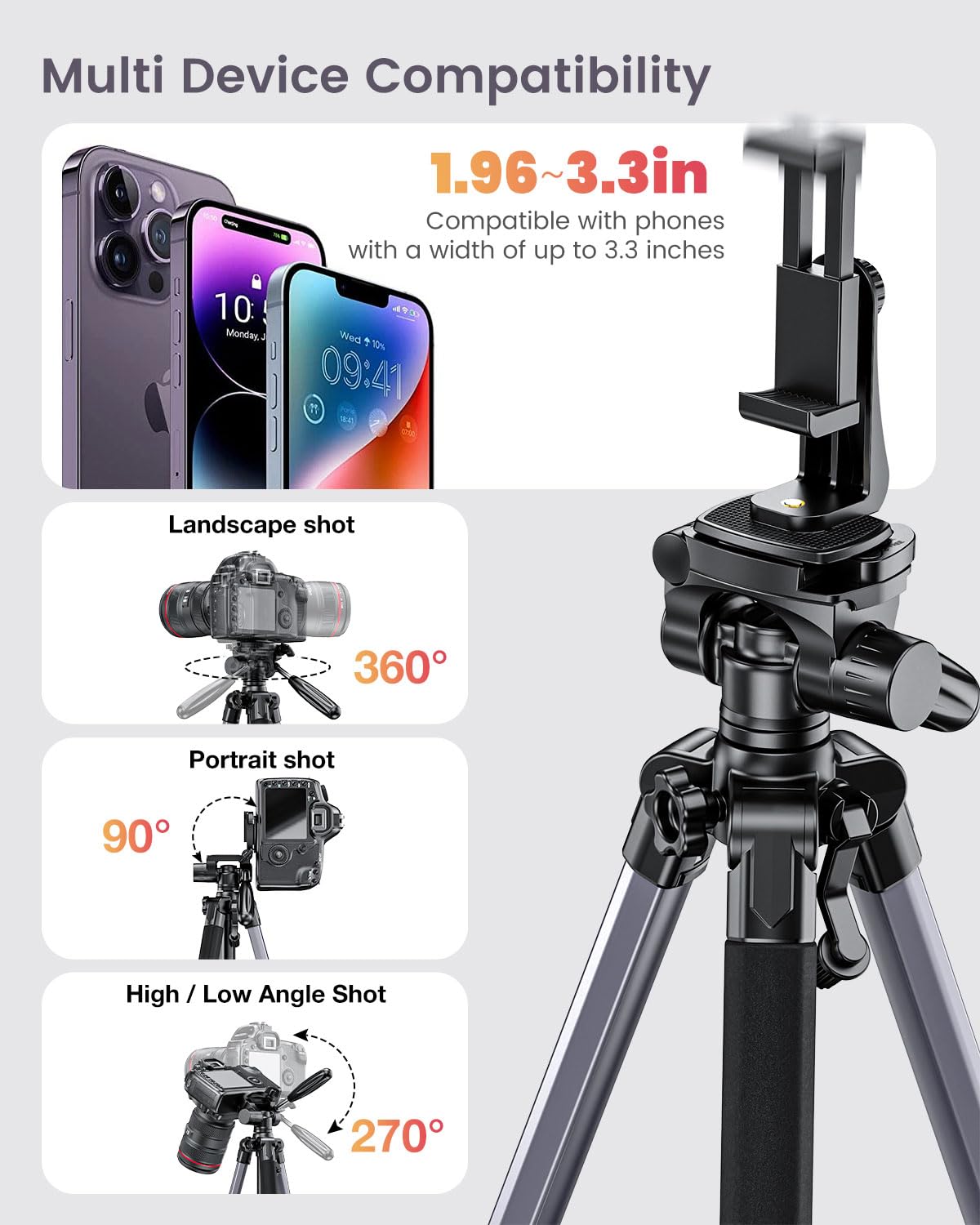CAMBOFOTO 74"-Camera-Tripod, Gray Professional Aluminum Tripod Stand and Leg for Mirrorless Camera/DSLR/Cell Phone/Camcorder/GoPro, with Phone Holder and Travel Bag (Gunmetal Gray)