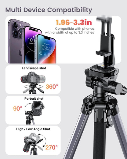 CAMBOFOTO 74"-Camera-Tripod, Gray Professional Aluminum Tripod Stand and Leg for Mirrorless Camera/DSLR/Cell Phone/Camcorder/GoPro, with Phone Holder and Travel Bag (Gunmetal Gray)