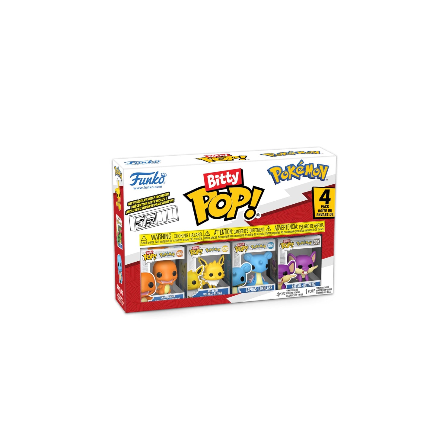 Funko Pop! Bitty: Pokemon - Charmander, Jolteon, Lapras, and Rattata - 0.9 Inch (2.2 Cm) Collectable - Stackable Display Shelf Included - Gift Idea - Party Bags Stocking