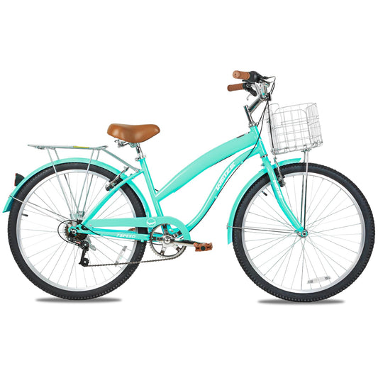 WEIZE Beach Cruiser Bike, 26 inch Commuter Bicycle for Adult Men and Women, 7-Speed/High-Carbon Steel/Front & Rear Fenders, Comfortable City Bikes with Rear Rack&Basket, Teal