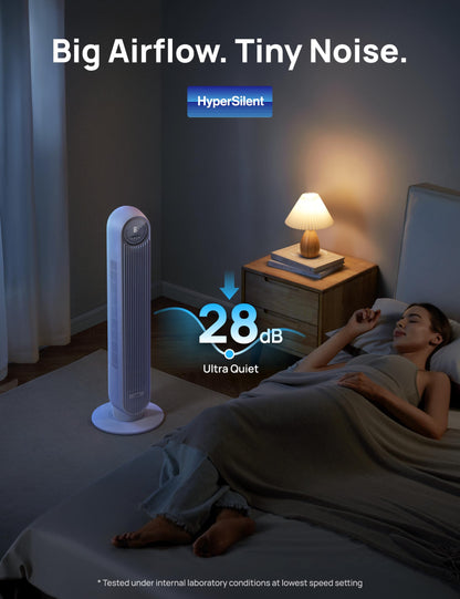 Dreo Tower Fan for Bedroom, 25ft/s Smart Standing Fans, 90° Oscillating Floor Fan with 4 Modes, 4 Speeds, 8H Timer, 28dB, Bladeless, Remote, 28 dB, Works with WiFi Voice Control