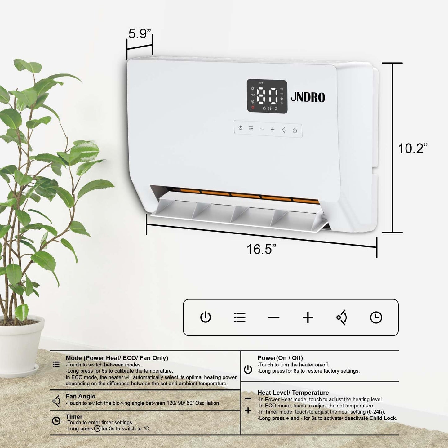 Wall-Mounted Space Heater with ECO Thermostat and Remote Control, LED Display, 60°/90°/120° Oscillation Modes, 24-Hour Timer, Indoor Electric Space Heater