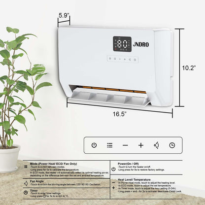 Wall-Mounted Space Heater with ECO Thermostat and Remote Control, LED Display, 60°/90°/120° Oscillation Modes, 24-Hour Timer, Indoor Electric Space Heater