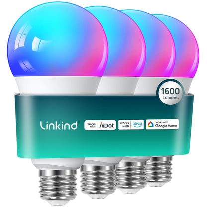 Linkind Smart Light Bulbs, 1600LM (100W Equivalent) Smart Bulb, Work with Alexa & Google Home, RGBTW Color Changing Bulb Music Sync, 2.4GHz Wi-Fi & Bluetooth, LED Alexa Light Bulbs 14W, A21 E26, 4Pack