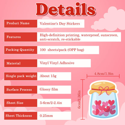 Valentines Day Gifts for Kids | 100 PCS Valentines Stickers - Toddler Valentine's Day Gifts for School Classroom | Heart Stickers for Boys Girls | Valentine's Party Favors Crafts Accessories Treats