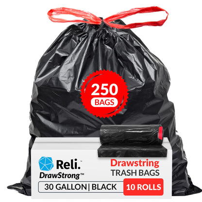 Reli. 30 Gallon Trash Bags Drawstring | 250 Count Bulk | Black | 30 Gallon Garbage Bags Heavy Duty | Large