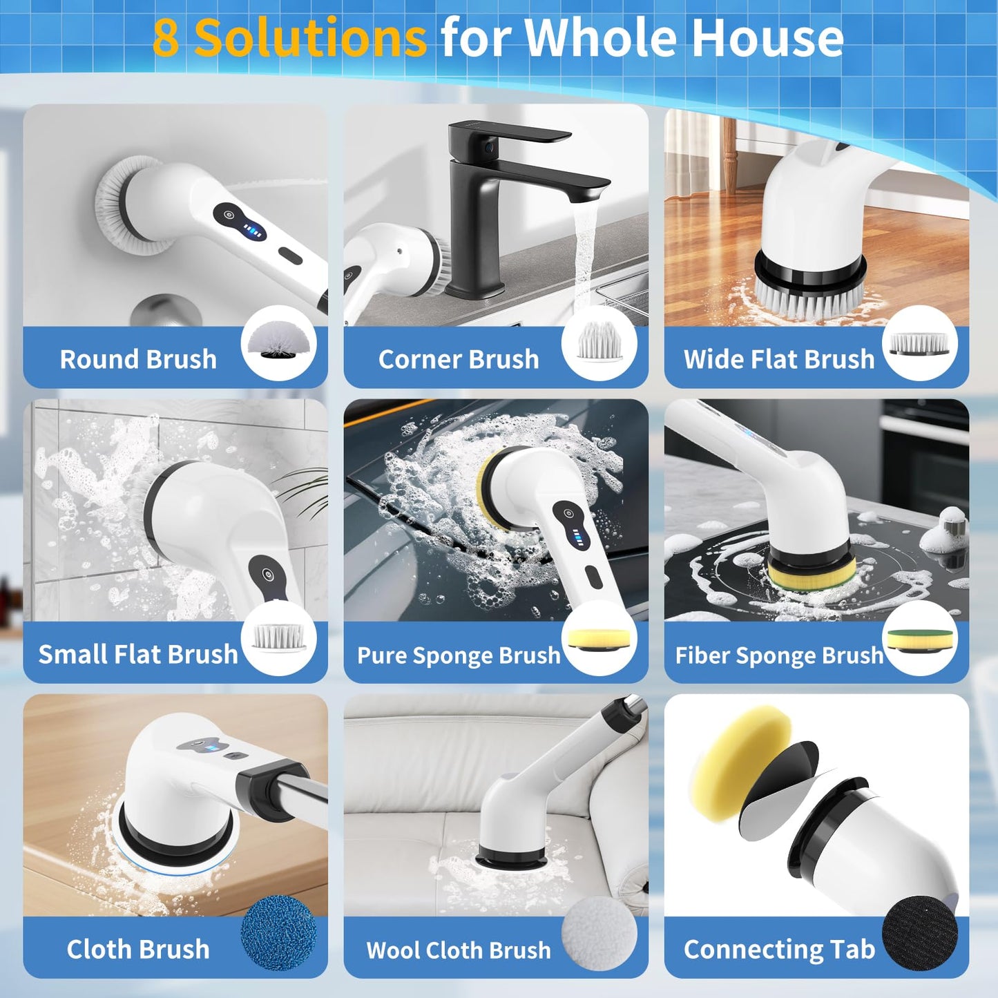 Electric Spin Scrubber, Ultimate Household Cleaning Brush with 90Min Runtime & 8 Heads & 2 Modes- 52in Electric Shower Scrubber Deep Clean for Bathroom Grout, Oven, Shower, Tile & Car, IPX6 Waterproof