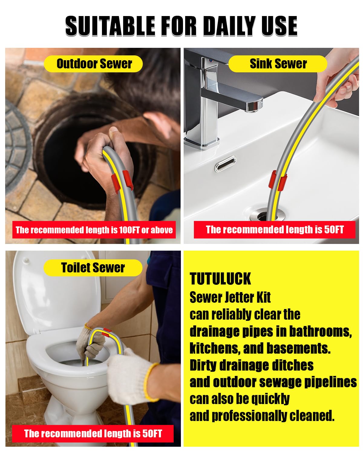 TUTULUCK Sewer Jetter Kit for Pressure Washer 200FT, Drain Cleaner Hose 5800PSI 1/4 Inch NPT Corner with Sewer Cleaning Tool High Pressure Nozzle and Spanner Waterproof Tape