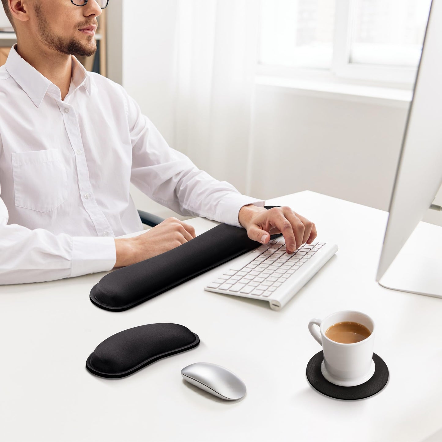 Gimars Upgrade Enlarge Silky and Superfine Fabric Gel Memory Foam Keyboard Wrist Rest Set, Ergonomic Keyboard Mouse Wrist Support for Typing Pain Relief, Comfort for Office, Gaming, Computer, Black