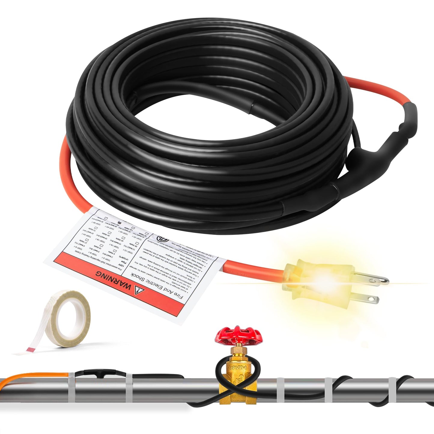 TOPDURE Superior Water Pipe Heat Cable for Pipe Freeze Protection, Self-Regulating Heating Cable for Metal and Plastic Pipes, Energy-Saving Heating Tape for Water Pipes, 40Ft, 120V