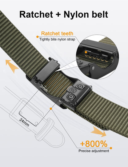 JUKMO Men's 1.5" Nylon Ratchet Belt, Casual Web Click Tactical Belt with Slide Buckle for Jeans, No Holes Adjustable Trim to Fit(Army Green,Medium)