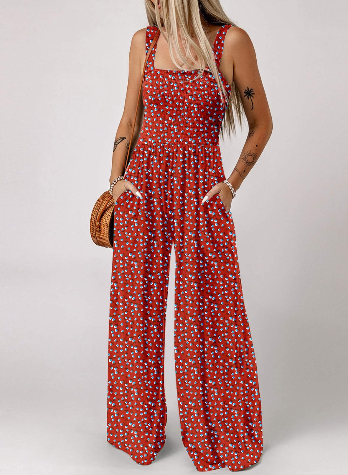 Dokotoo Womens Plus Size Red Jumpsuits for Women Overalls Loose Casual Wide Leg One Piece Sleeveless Printed Jumpsuit Long Pant Rompers with Pockets 2025 Fashion XXL