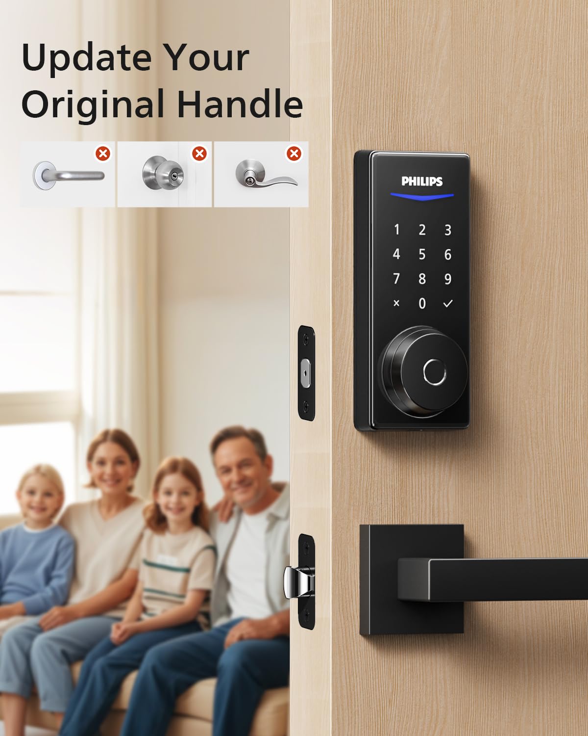 Philips Smart Lock with Handles, Keyless Entry Door Lock Set, Smart Door Lock with 2 Level Handles, Digital Keypad Deadbolt for Front Door, App Fingerprint PIN Code Unlocking, Auto Locking
