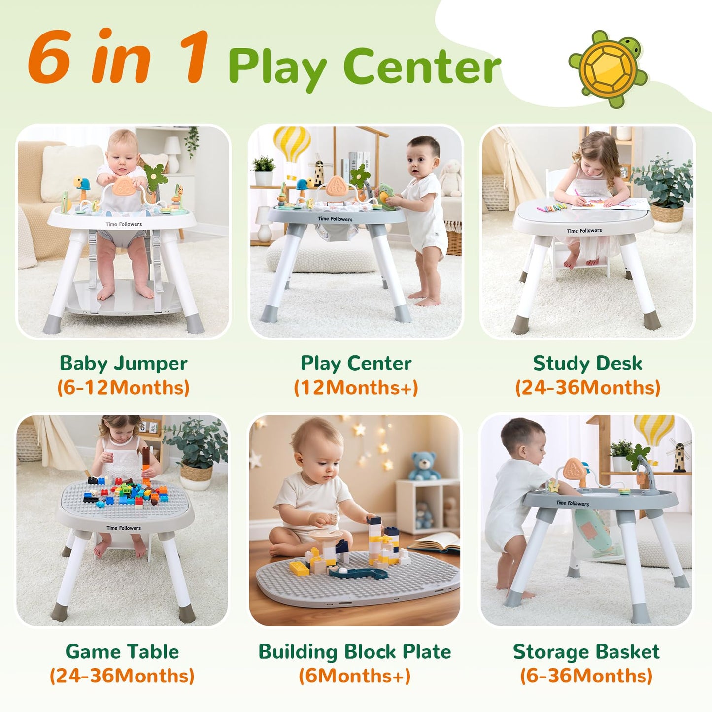 Time Followers® 6-in-1 Baby Activity Center | Jumpers and Bouncers | 4 Stage Grow Stationary Standing Toddler Play Table | Shower Gift | Infant Essential for Baby Ages 6-36Month (Beige)