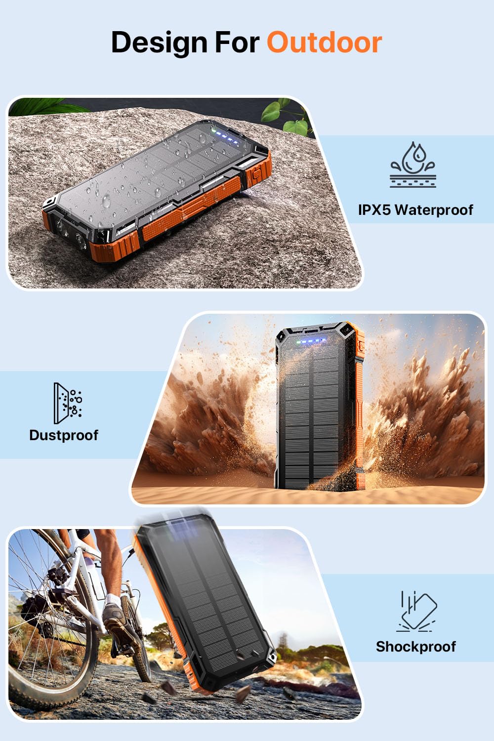 Solar Power Bank 49800mAh Wireless Portable Charger with USB-C 15W Fast Charging with 4 Built-in Cables LED Flashlight Battery Pack Compatible with iPhone, iPad, Galaxy, Perfect for Camping, Hiking