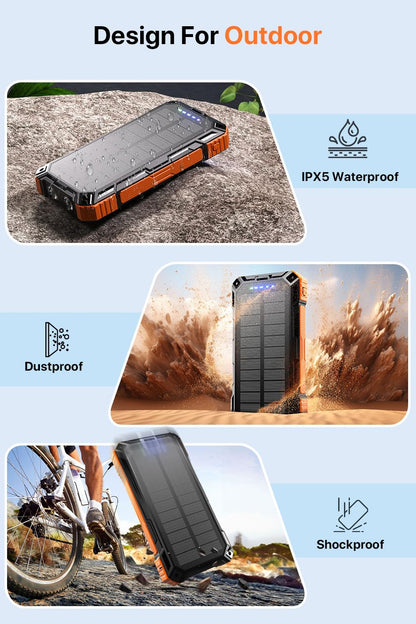 Solar Power Bank 49800mAh Wireless Portable Charger with USB-C 15W Fast Charging with 4 Built-in Cables LED Flashlight Battery Pack Compatible with iPhone, iPad, Galaxy, Perfect for Camping, Hiking
