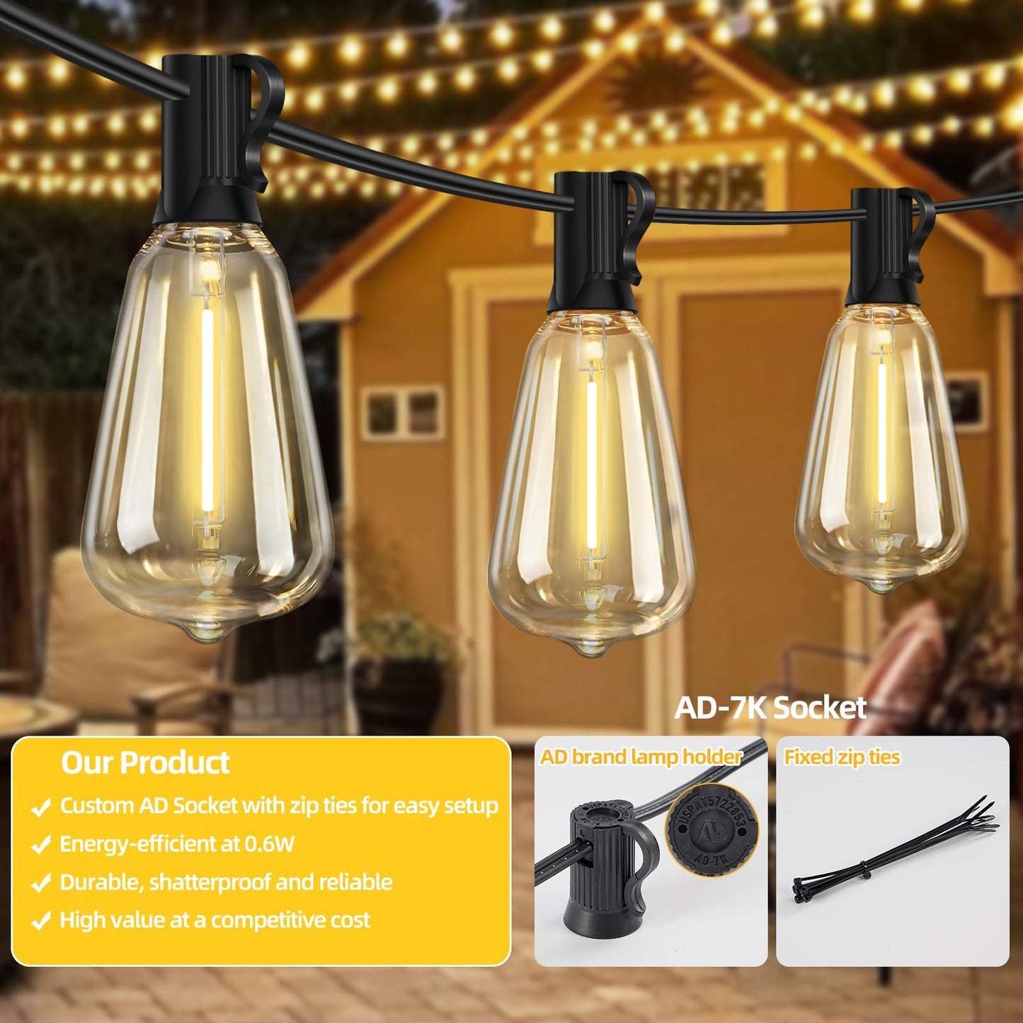 Hobbynors ST38 50FT LED Outdoor String Lights with 25+2 Spare Bulbs, E12 Socket, 2700K Warm White-for Backyard, Wedding, Camping, Porch, Deck, Gazebo, Bistro Decor