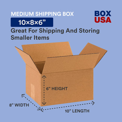 BOX USA Shipping Boxes Small 10"L x 8"W x 6"H, 25-Pack | Corrugated Cardboard Box for Packing, Moving and Storage